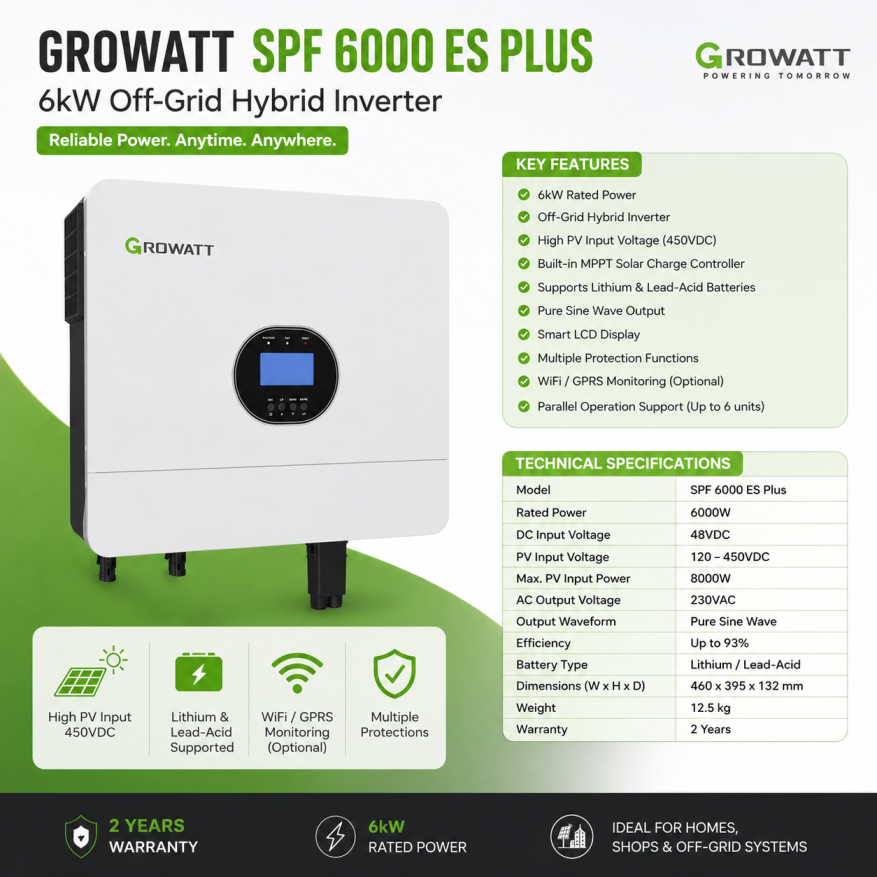 Growatt SPF 6000 ES Plus 6kW 48V Off-Grid Hybrid Solar Inverter